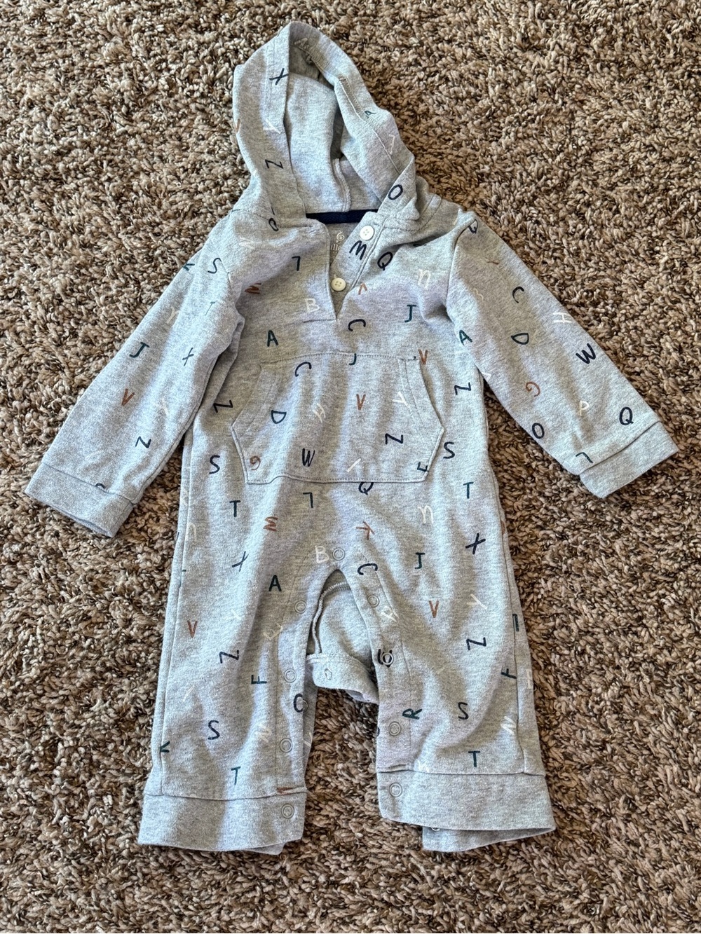 Grey Hooded 6-9 Month Infant One-Piece Romper with Alphabet Print
